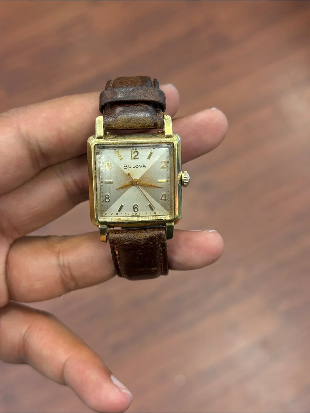Bulova Gold-Tone vintage 1950s winding Square Watch with Brown Leather Strap